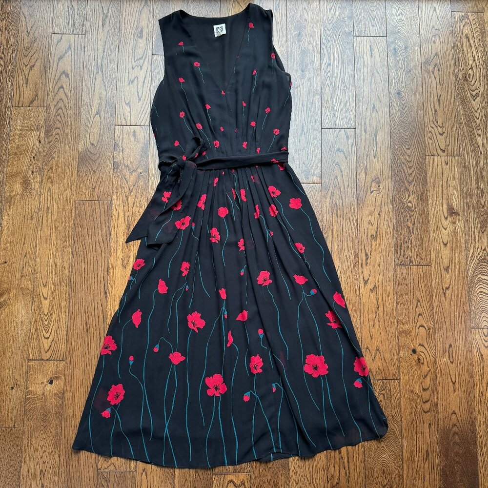 Anne Klein Women's Printed Chiffon Black Red Floral V Neck Midi Dress Sleeveless